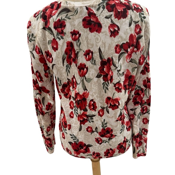 Karen Scott Red and Tan Floral Button Up Cardigan Sweater - Picture 4 of 8